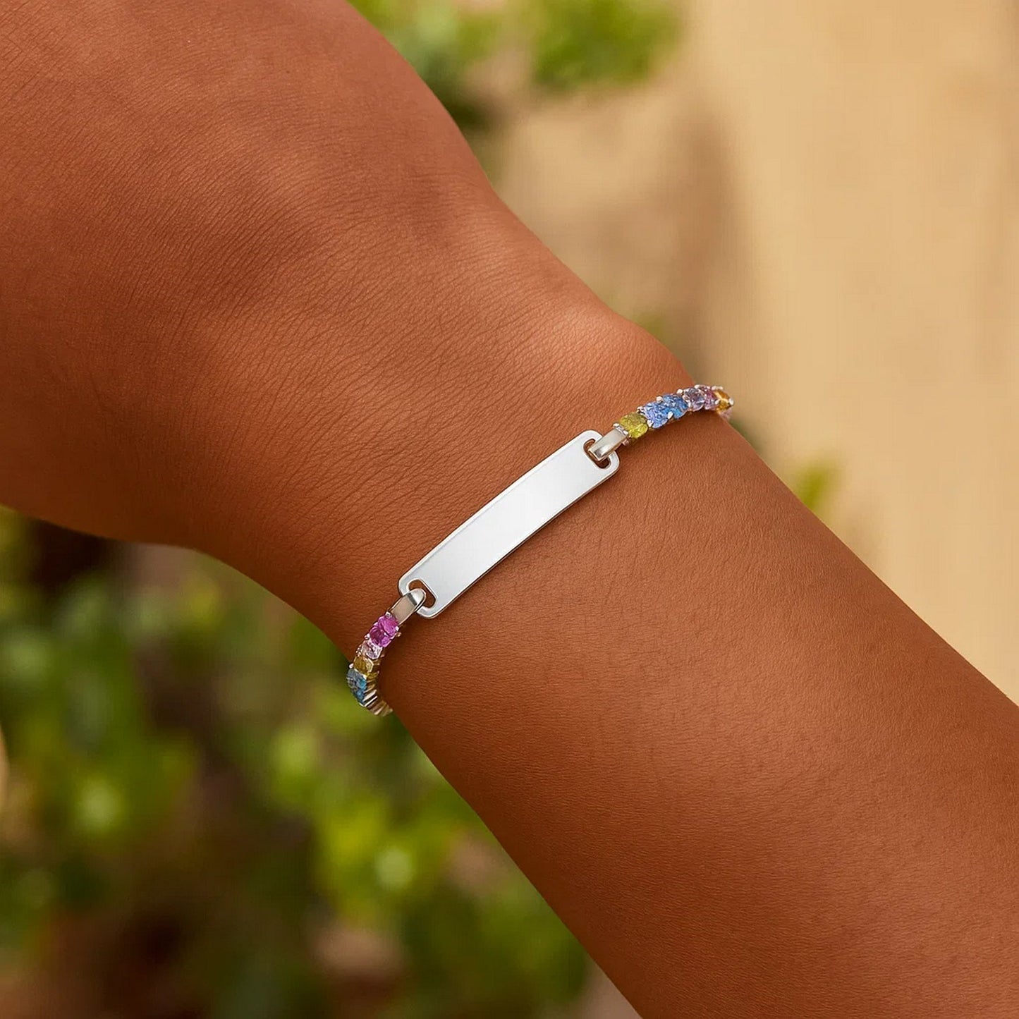 Sterling Silver Rhodium Plated Rainbow CZ ID Bracelet (2.70 mm)