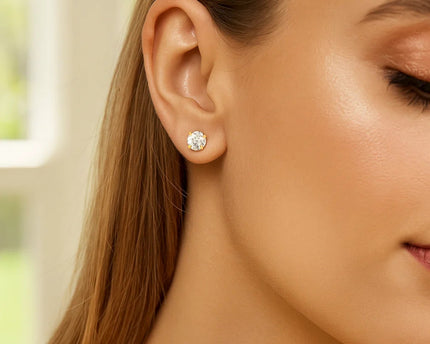 14k Yellow Gold Stud Earrings with White Hue Faceted Cubic Zirconia(6mm)