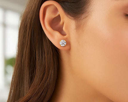 14k Yellow Gold Stud Earrings with White Hue Faceted Cubic Zirconia(6mm)