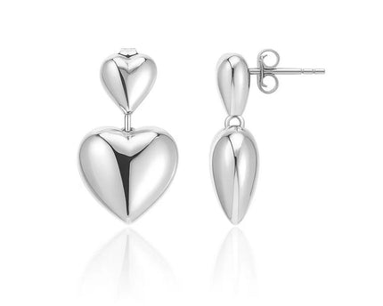 Sterling Silver Rhodium Plated Puffed Double Heart Drop Earrings