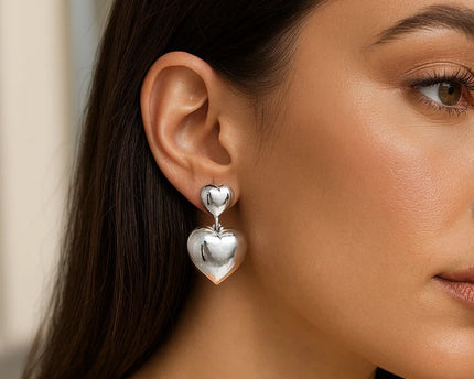 Sterling Silver Rhodium Plated Puffed Double Heart Drop Earrings