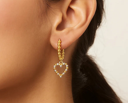 14k Two Tone Gold Beaded Hoop Earrings with Hearts