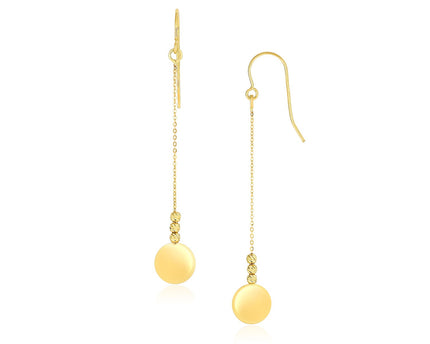 14k Yellow Gold Bead and Shiny Disc Drop Earrings