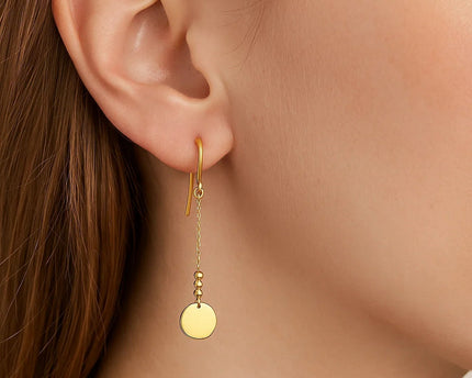 14k Yellow Gold Bead and Shiny Disc Drop Earrings