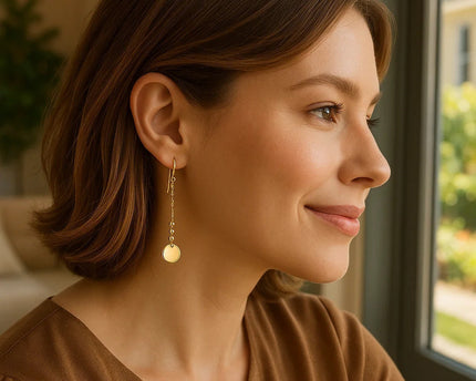 14k Yellow Gold Bead and Shiny Disc Drop Earrings