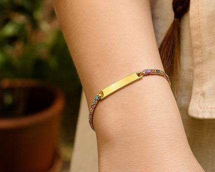 Sterling Silver Gold Plated Rainbow CZ ID Bracelet (2.70 mm)