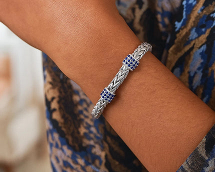 Sterling Silver Woven Bracelet with Blue Sapphire Stations (6.35 mm)