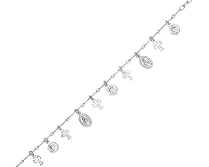 Sterling Silver 7 1/4 inch Bracelet with Crosses and Religious Medal Charms