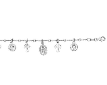 Sterling Silver 7 1/4 inch Bracelet with Crosses and Religious Medal Charms