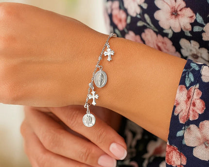 Sterling Silver 7 1/4 inch Bracelet with Crosses and Religious Medal Charms