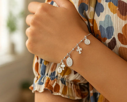 Sterling Silver 7 1/4 inch Bracelet with Crosses and Religious Medal Charms