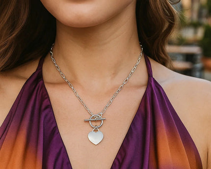 Sterling Silver Rhodium Plated Heart Toggle Necklace