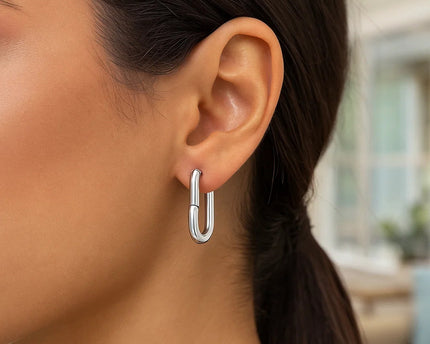 Sterling Silver Rhodium Plated Oval Hoop Earrings