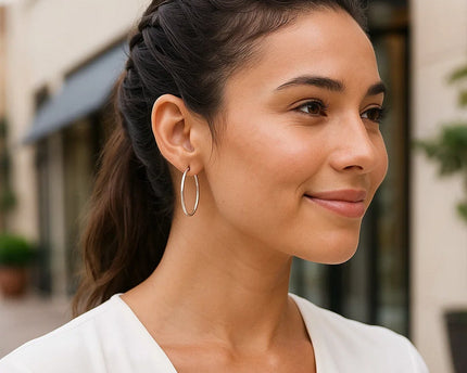 Sterling Silver Rhodium Plated Thin and Polished Hoop Style Earrings (2x35mm)