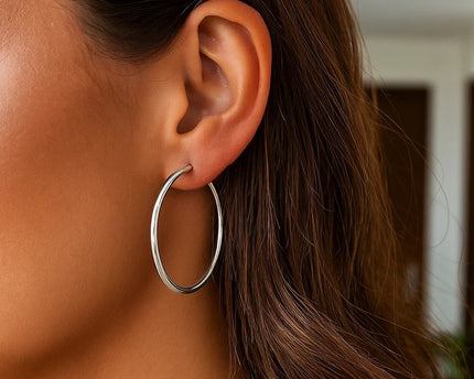 Sterling Silver Rhodium Plated Thin and Polished Hoop Style Earrings (2x35mm)
