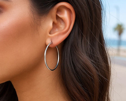 Sterling Silver Rhodium Plated Thin and Polished Hoop Style Earrings (2x35mm)