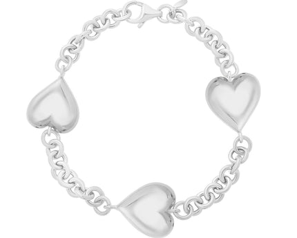 Sterling Silver Rhodium Plated Puffed Triple Heart Bracelet