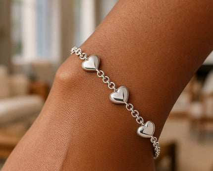 Sterling Silver Rhodium Plated Puffed Triple Heart Bracelet