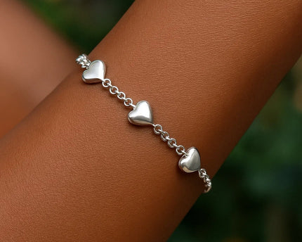 Sterling Silver Rhodium Plated Puffed Triple Heart Bracelet