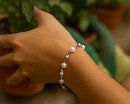 Sterling Silver Rhodium Plated Pearl Bead Bracelet