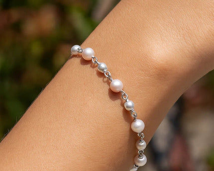 Sterling Silver Rhodium Plated Pearl Bead Bracelet