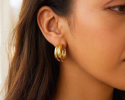 Sterling Silver Yellow Gold Plated Puffed Double Row Hoop Earrings