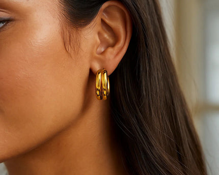 Sterling Silver Yellow Gold Plated Puffed Double Row Hoop Earrings