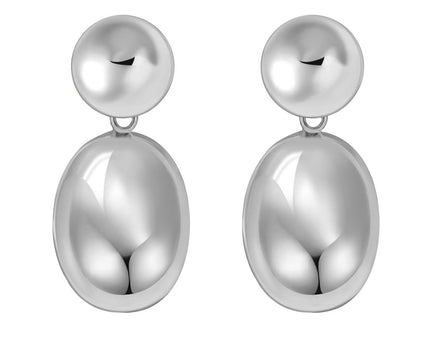 Sterling Silver Rhodium Plated Puffed Oval Double Button Drop Earrings