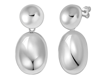 Sterling Silver Rhodium Plated Puffed Oval Double Button Drop Earrings