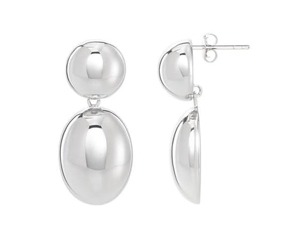 Sterling Silver Rhodium Plated Puffed Oval Double Button Drop Earrings