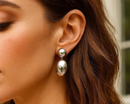 Sterling Silver Rhodium Plated Puffed Oval Double Button Drop Earrings