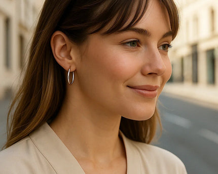 Sterling Silver Polished Thin Hoop Earrings with Rhodium Plating (2x20mm)