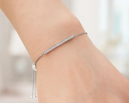Adjustable Bar Bracelet with Cubic Zirconia in Sterling Silver (1.20 mm)