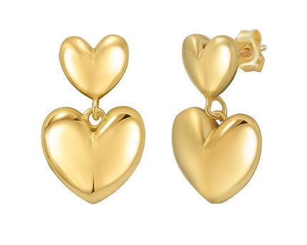 Sterling Silver Yellow Gold Plated Puffed Double Heart Drop Earrings