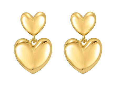 Sterling Silver Yellow Gold Plated Puffed Double Heart Drop Earrings