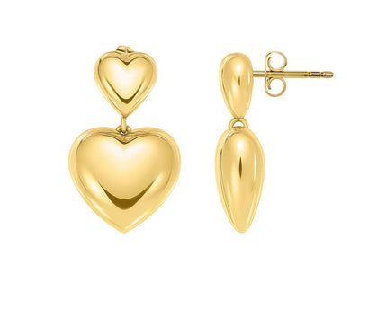 Sterling Silver Yellow Gold Plated Puffed Double Heart Drop Earrings