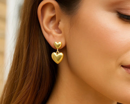 Sterling Silver Yellow Gold Plated Puffed Double Heart Drop Earrings
