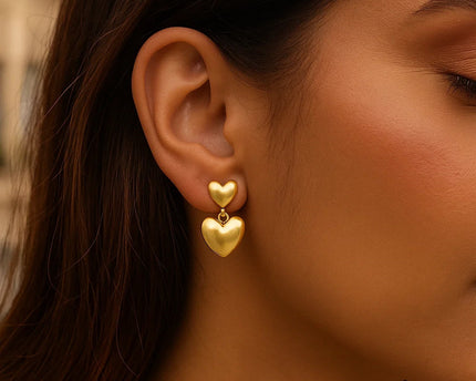 Sterling Silver Yellow Gold Plated Puffed Double Heart Drop Earrings