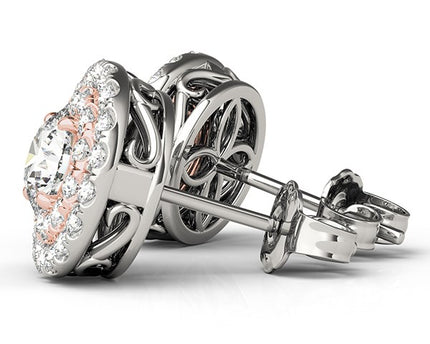 14k White and Rose Gold Round Halo Diamond Earrings (3/4 cttw)