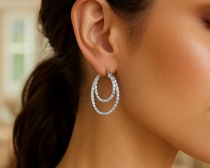 Sterling Silver Double Oval Textured Hoop Earrings