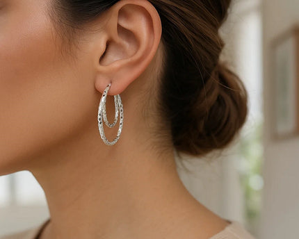 Sterling Silver Double Oval Textured Hoop Earrings
