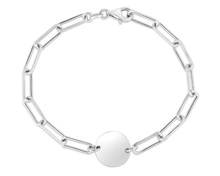 Sterling Silver Rhodium Plated Engravable Circle Paperclip Bracelet (2.10 mm)
