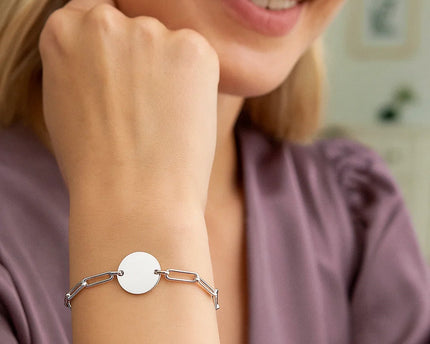 Sterling Silver Rhodium Plated Engravable Circle Paperclip Bracelet (2.10 mm)