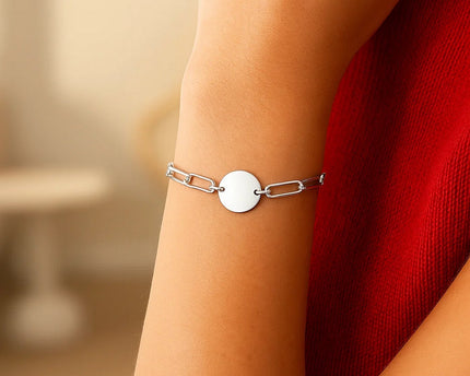 Sterling Silver Rhodium Plated Engravable Circle Paperclip Bracelet (2.10 mm)
