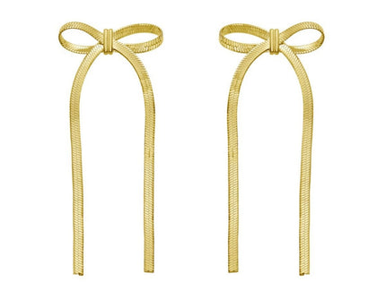 Sterling Silver Yellow Gold Plated Snake Chain Drop Dangle Bow Earrings