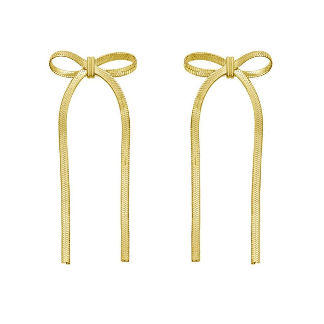 Sterling Silver Yellow Gold Plated Snake Chain Drop Dangle Bow Earrings