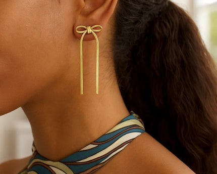 Sterling Silver Yellow Gold Plated Snake Chain Drop Dangle Bow Earrings