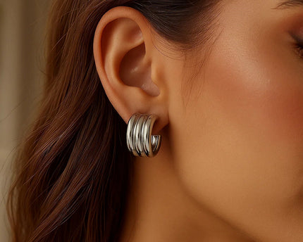 Sterling Silver Triple Row C Hoop Earrings