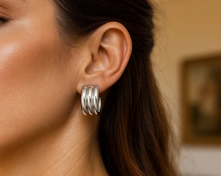 Sterling Silver Triple Row C Hoop Earrings