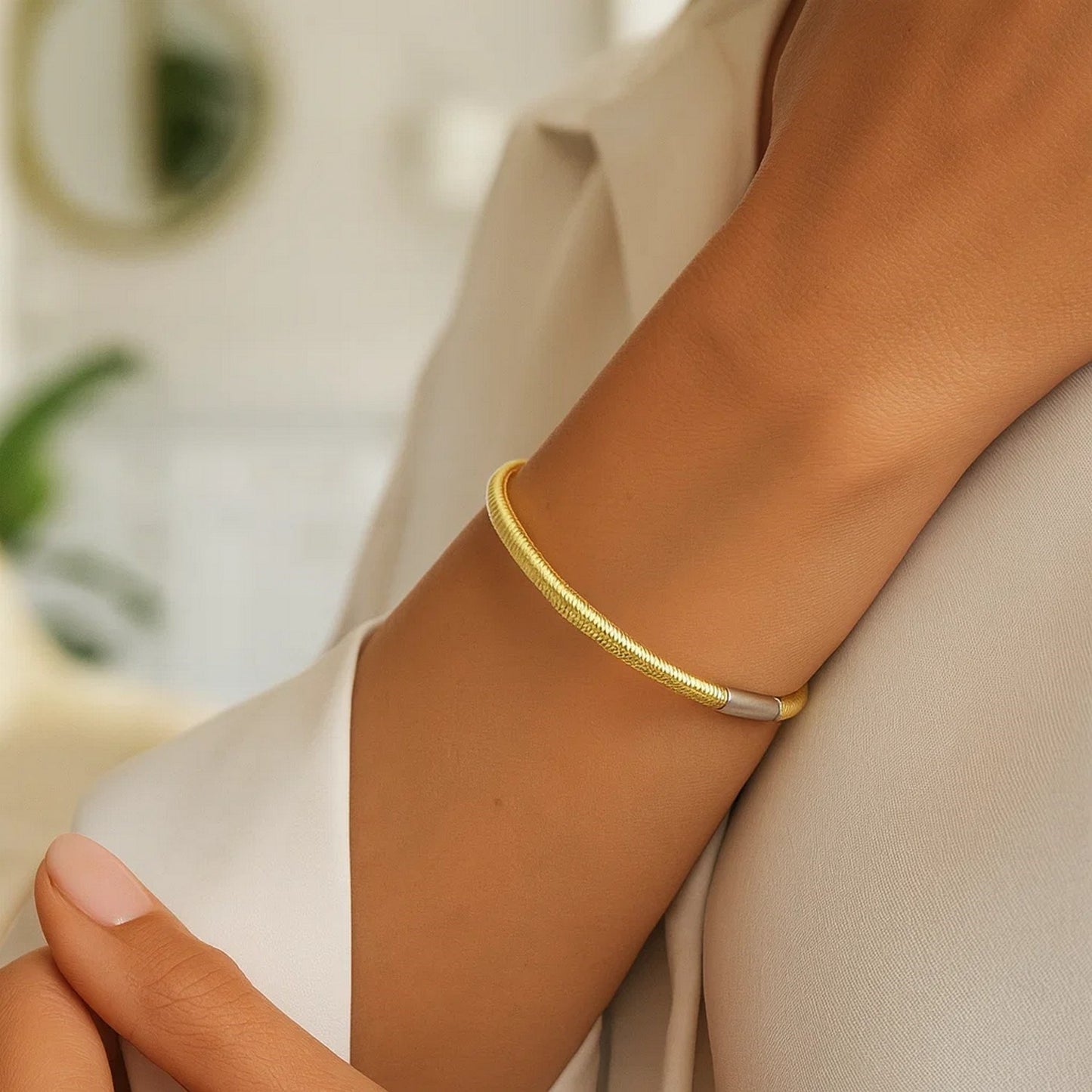 Sterling Silver Gold Plated Basketweave Stretch Bangle